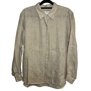 Liz Claiborne 100% Linen Blouse Button Up Top Beige Brown Medium Petite Collared
